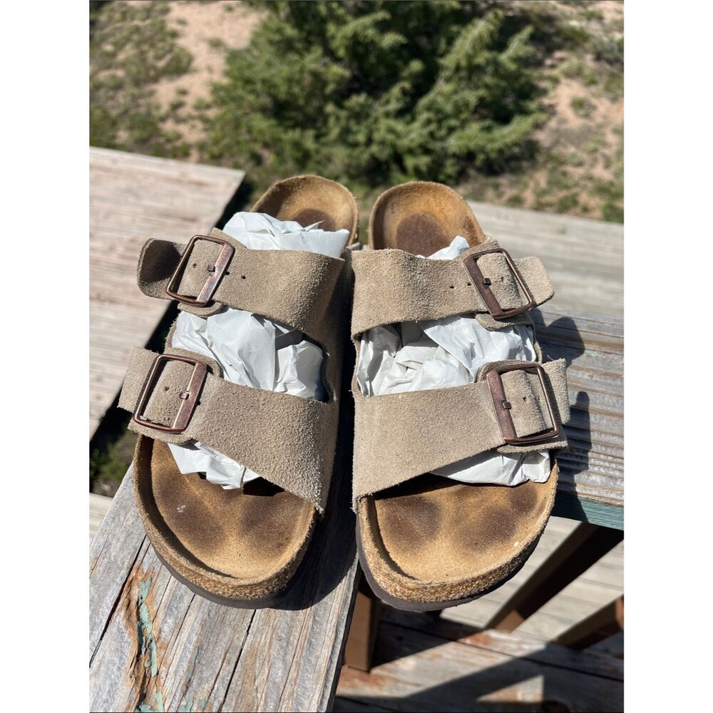 Birkenstock Arizona Soft Footbed Suede Leather in Fawn Taupe Sz 41